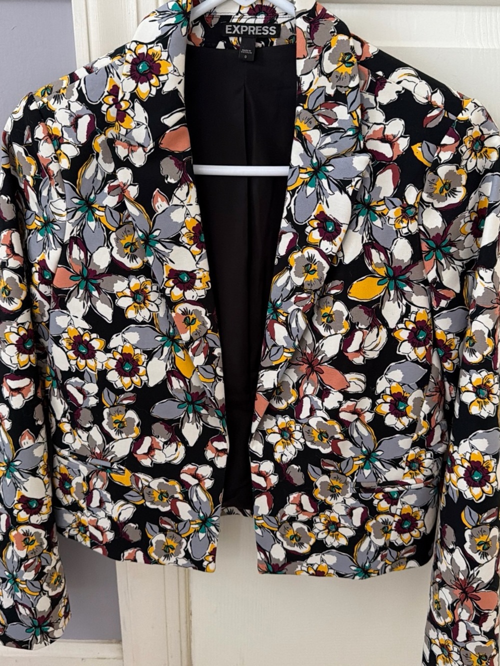 Express Black Floral Open-Front Blazer with Multicolor Blooms